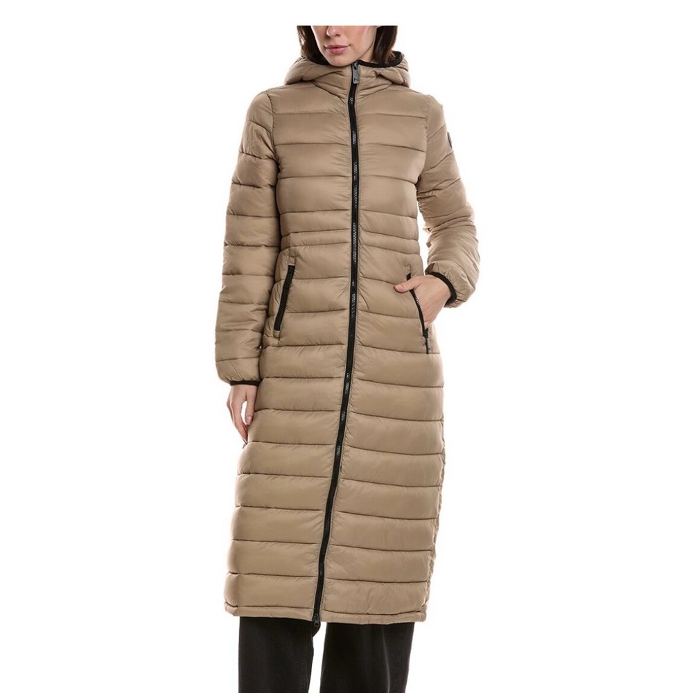 Noize Long Quilted Puffer Coat in Taupe